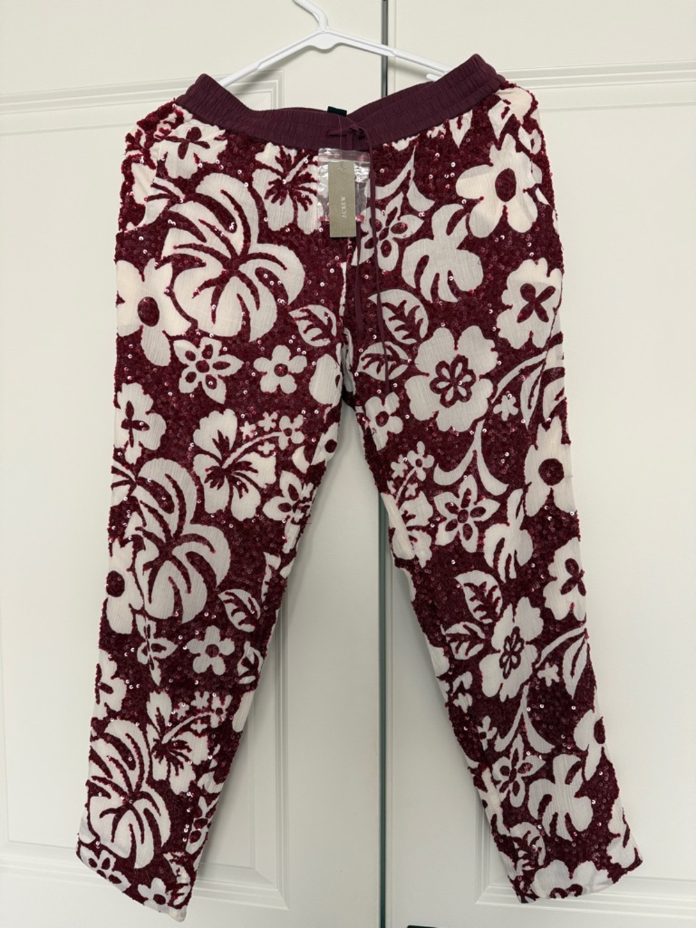 NWT J. Crew Burgundy Sequined and White Floral Joggers